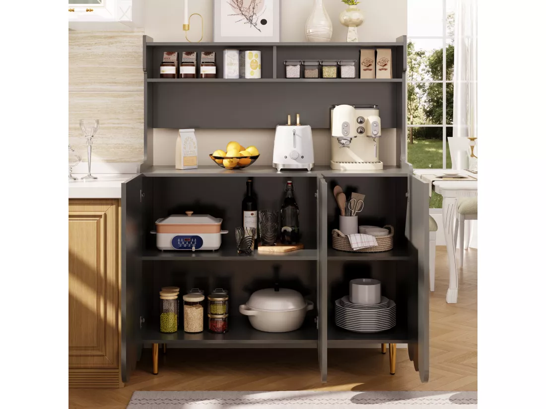 Buffet de cuisine avec 3 portes et étagères de rangement ouverte - 120 x 40 x 151 cm - Bois MDF - Gris