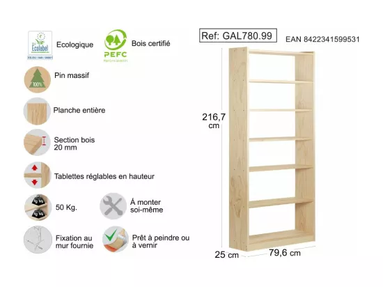 Bibliothèque Gala en pin 7 tablettes
