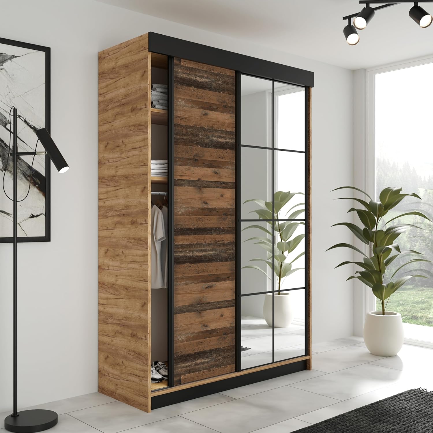 KIER FURNITURE Schiebegarderobe LAMARO mit Spiegel - Schrank Schlafzimmer - Schlafzimmerschrank - Wardrobe Bedroom - Kleiderschränke - Kleiderschrank - 138x205x59 - Eiche Handwerk Gold & Old Style