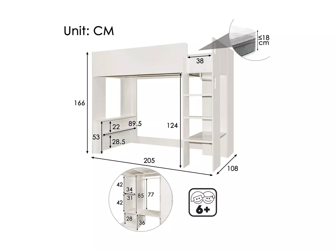 Lit mezzanine 90x200 cm pour enfant - avec armoire, étagères ouverts et escalier - Blanc
