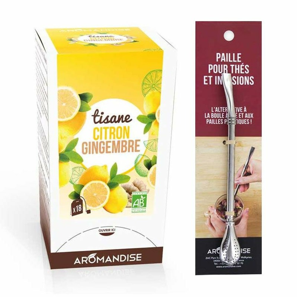 Tisane gingembre et citron bio 20 sachets + paille inox avec filtre
