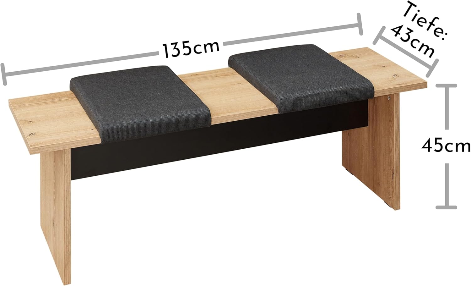 Sitzbank in Old Artisan Oak Optik FSC-zertifiziert, Schwarz - Moderne Esszimmerbank für Ihren Wohn- & Essbereich - 135 x 45 x 43 cm (B/H/T)