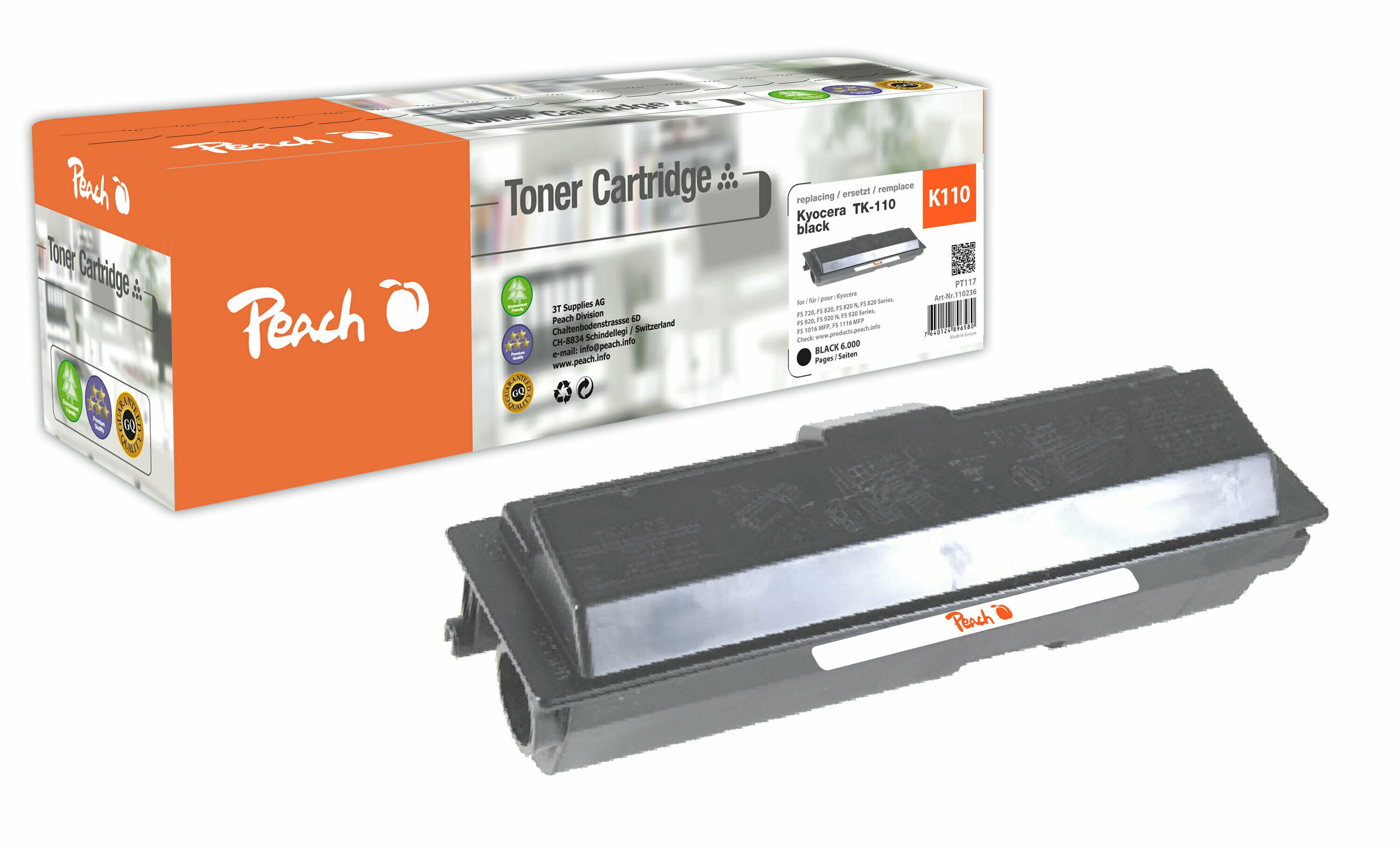 Peach K110Toner bk ersetzt Kyocera TK-110 für z.B. Kyocera FS -1016 MFP, Kyocera FS -1116 MFP, Kyocera FS -720, Kyocera FS -820 (wiederaufbereitet)