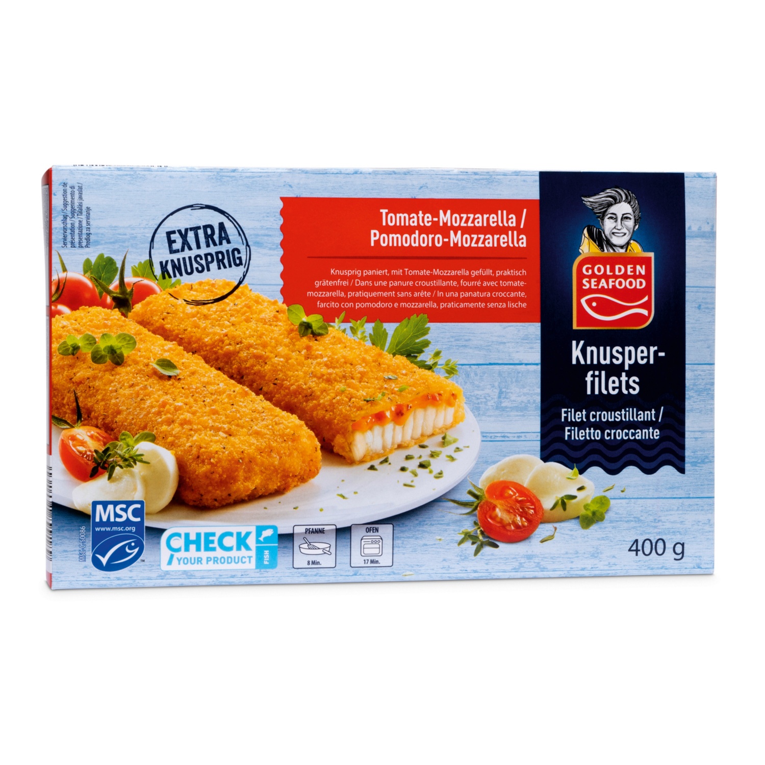 GOLDEN SEAFOOD Knusperfilets, Tomate-Mozzarella 400 g