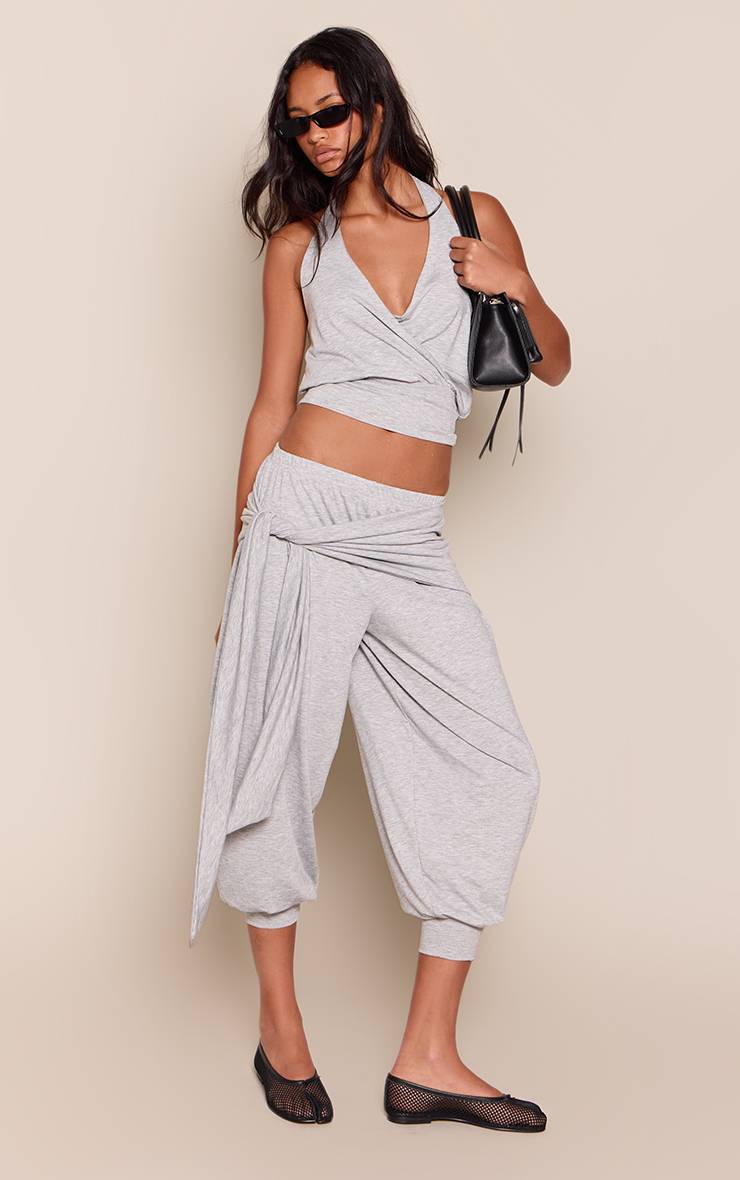 Gris Chiné Pantalon En Jersey À Jambes Resserrées Avec Lien Noué À La Taille