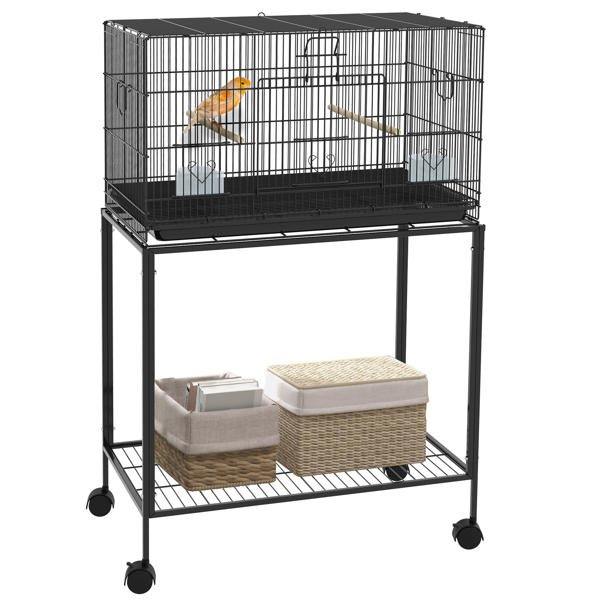 Gaiola para pássaros PawHut com rodas, 77x46x119 cm, em metal, com bandeja removível, 2 poleiros, 2 comedouros e prateleira de armazenamento para periquitos e canários, preta.