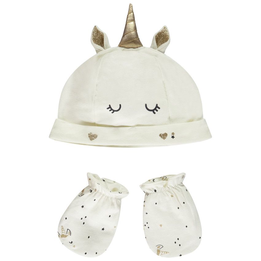 Ensemble bonnet + moufles Licorne pour bébé fille - Ecru