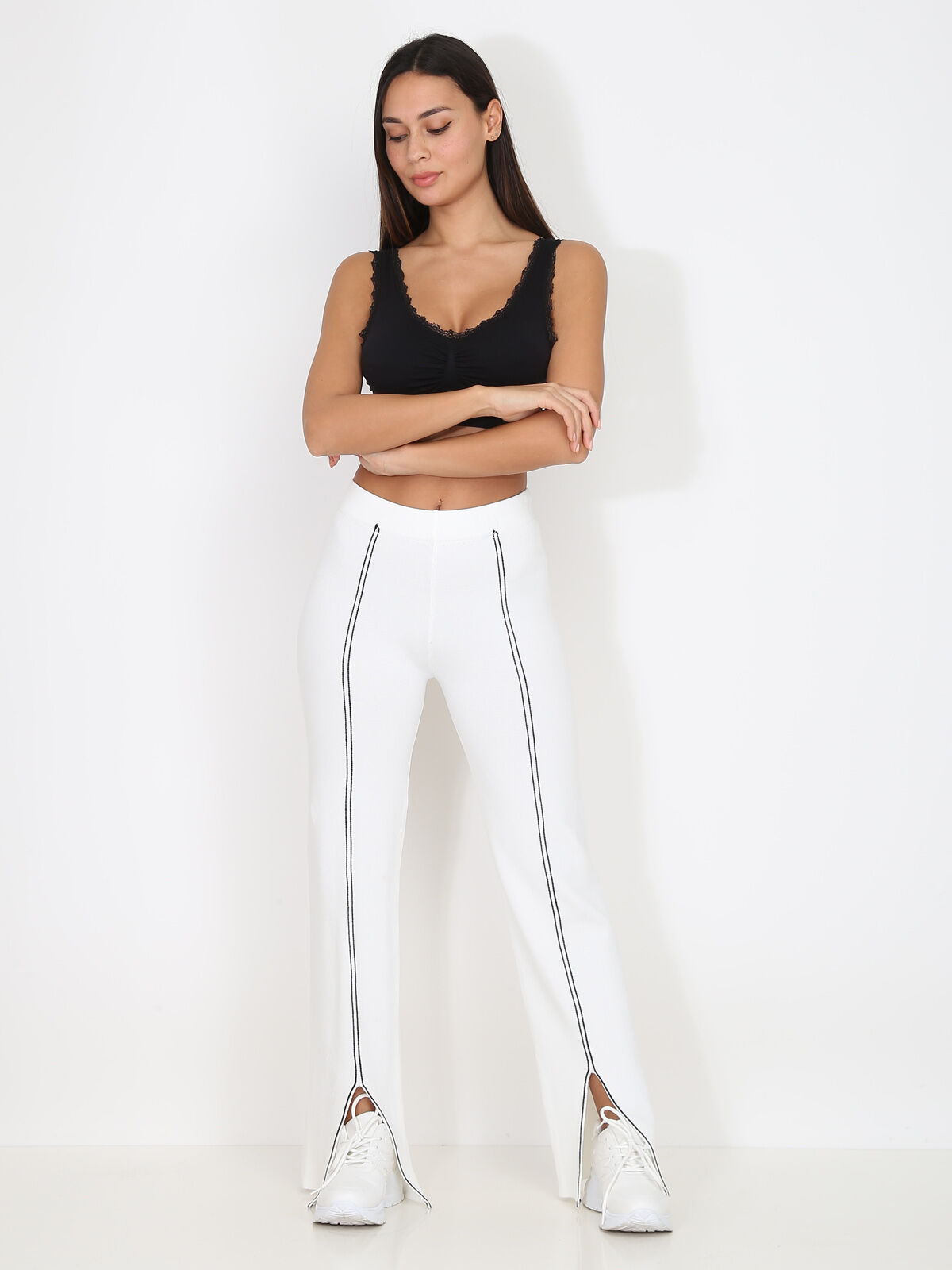 Pantalon à fentes et lignes- Blanc