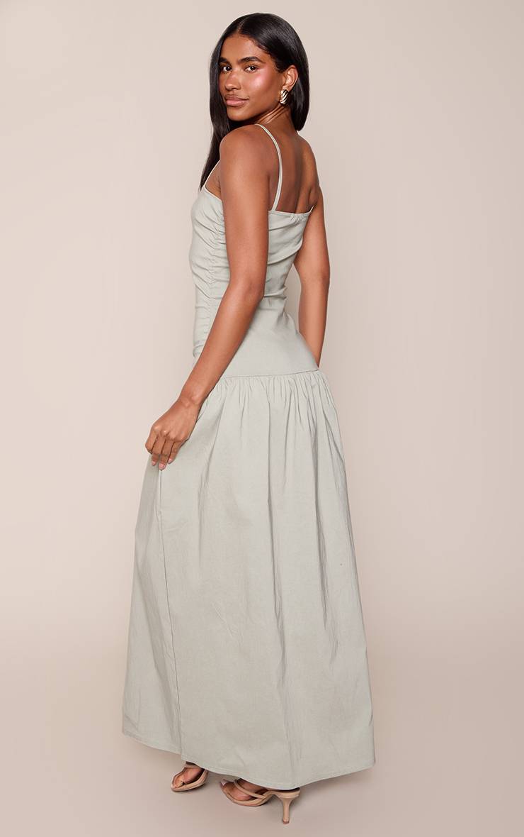 Vert Sauge Robe Maxi Froncée À Bretelles En Tissu Extensible Tissé