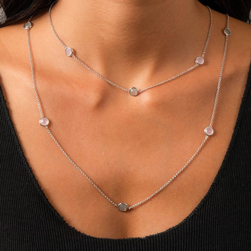 Collier Argent Rhodié Double Rangs Goutte De Cristal Pierres Rose Et Grise