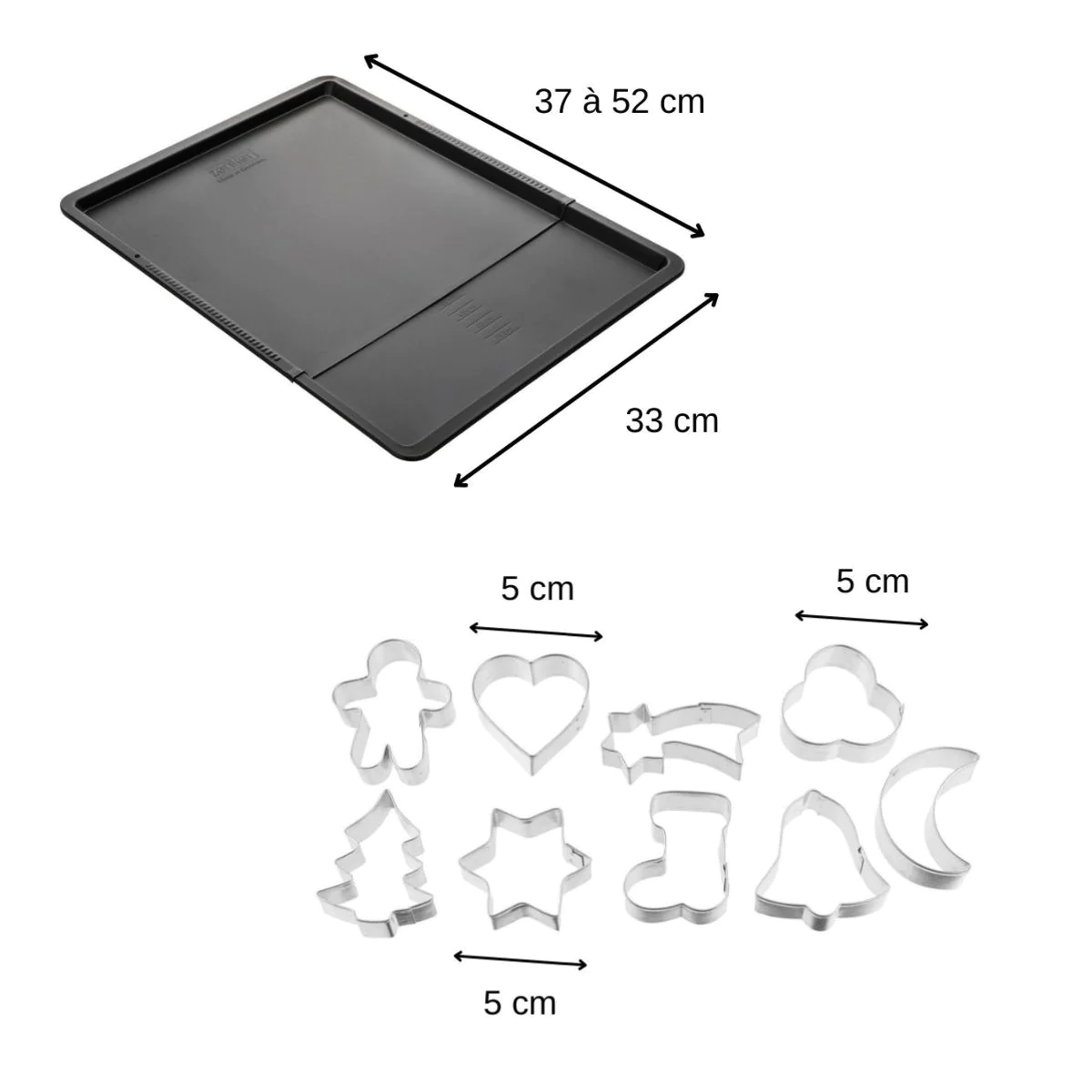 Ensemble avec plaque à pâtisserie extensible et 9 emporte-pièces sur c