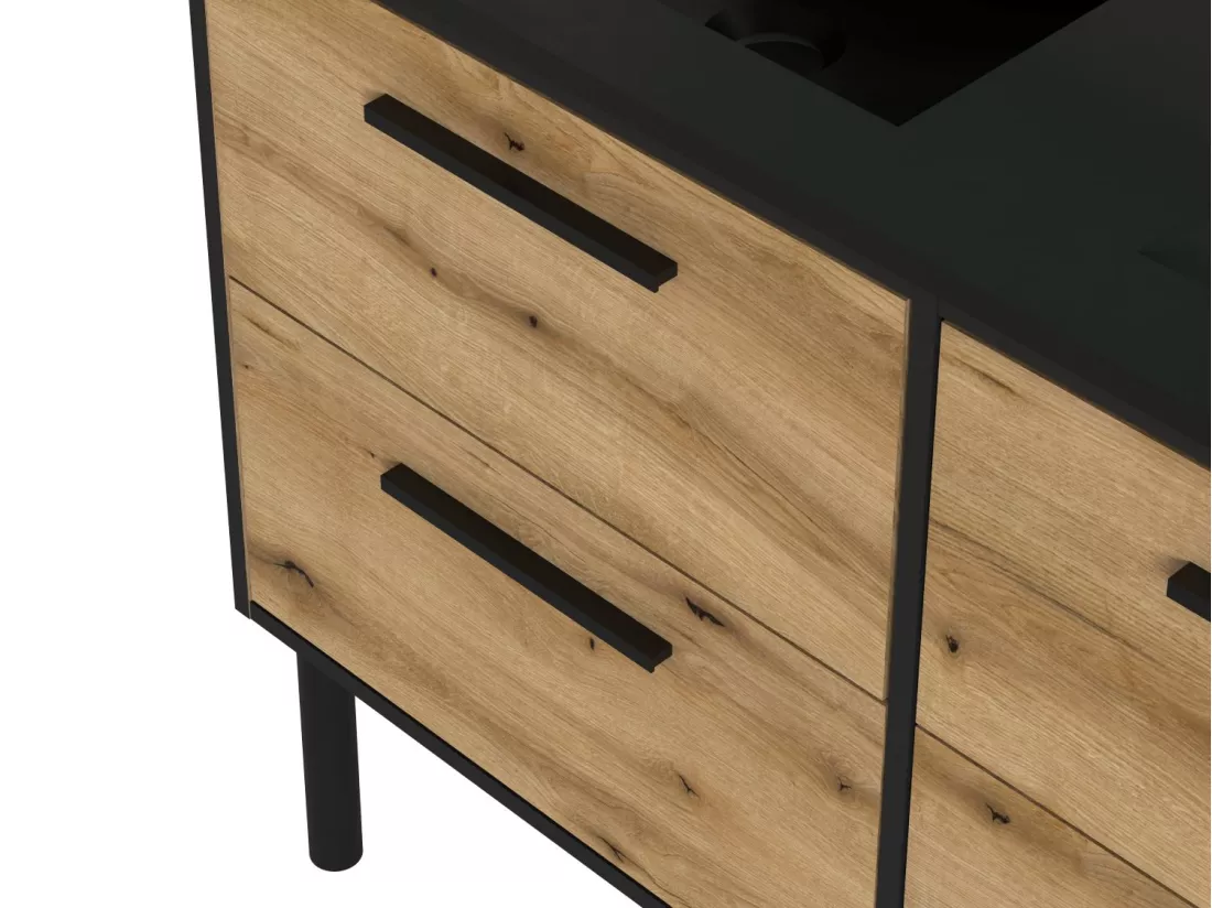 Meuble Salle de Bain coloris chêne et noir - Longueur 122 x Profondeur 64 x Hauteur 87,5 cm