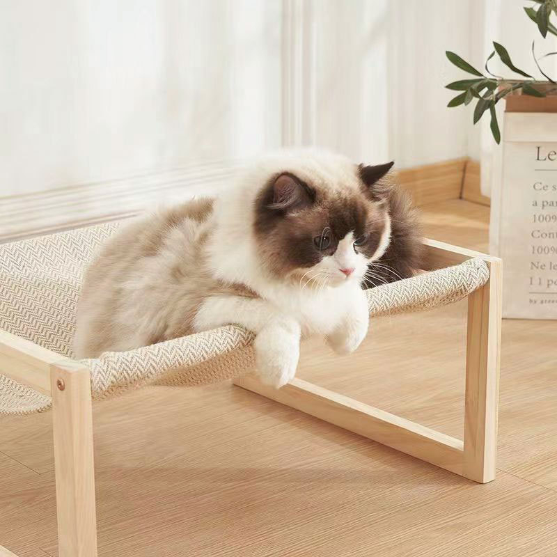 (52x42cm) Holz Katzen Hängematte Erhöhtes Haustier Bett Hunde Hängeliege - Beige