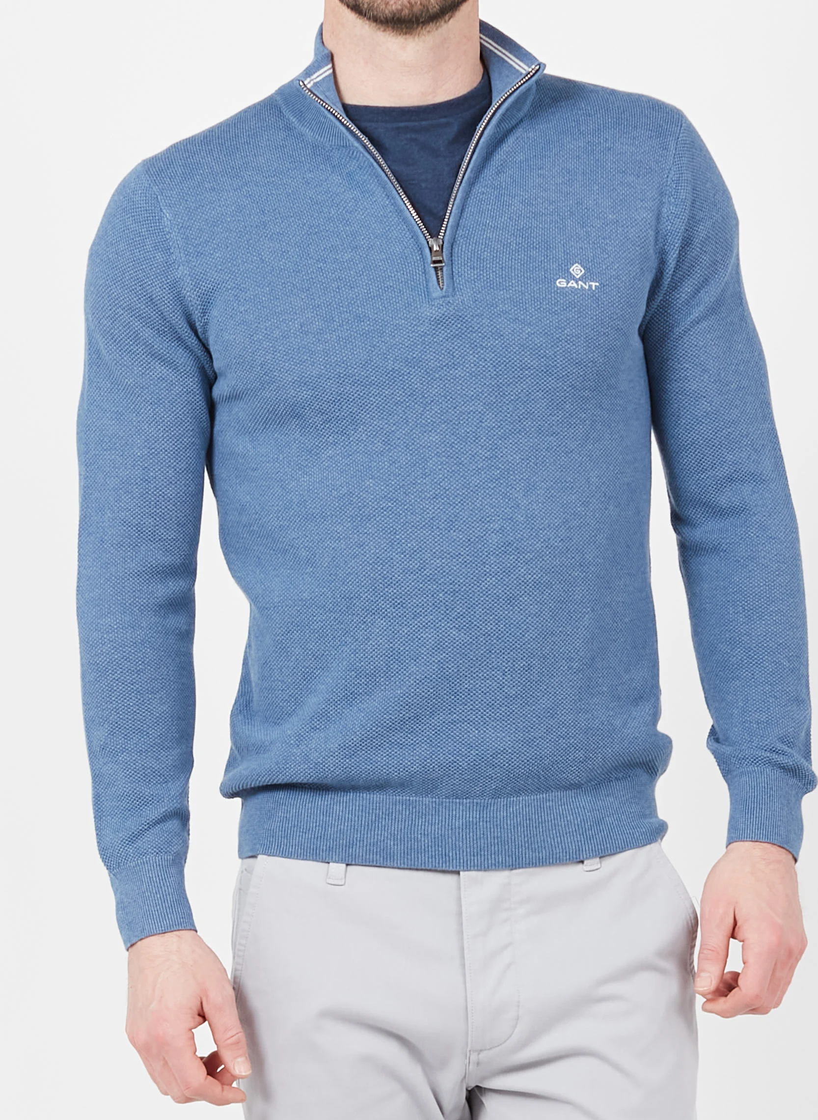 COTTON PIQUE HALF ZIP - Pull col montant zippé regular-fit en coton | Bleu