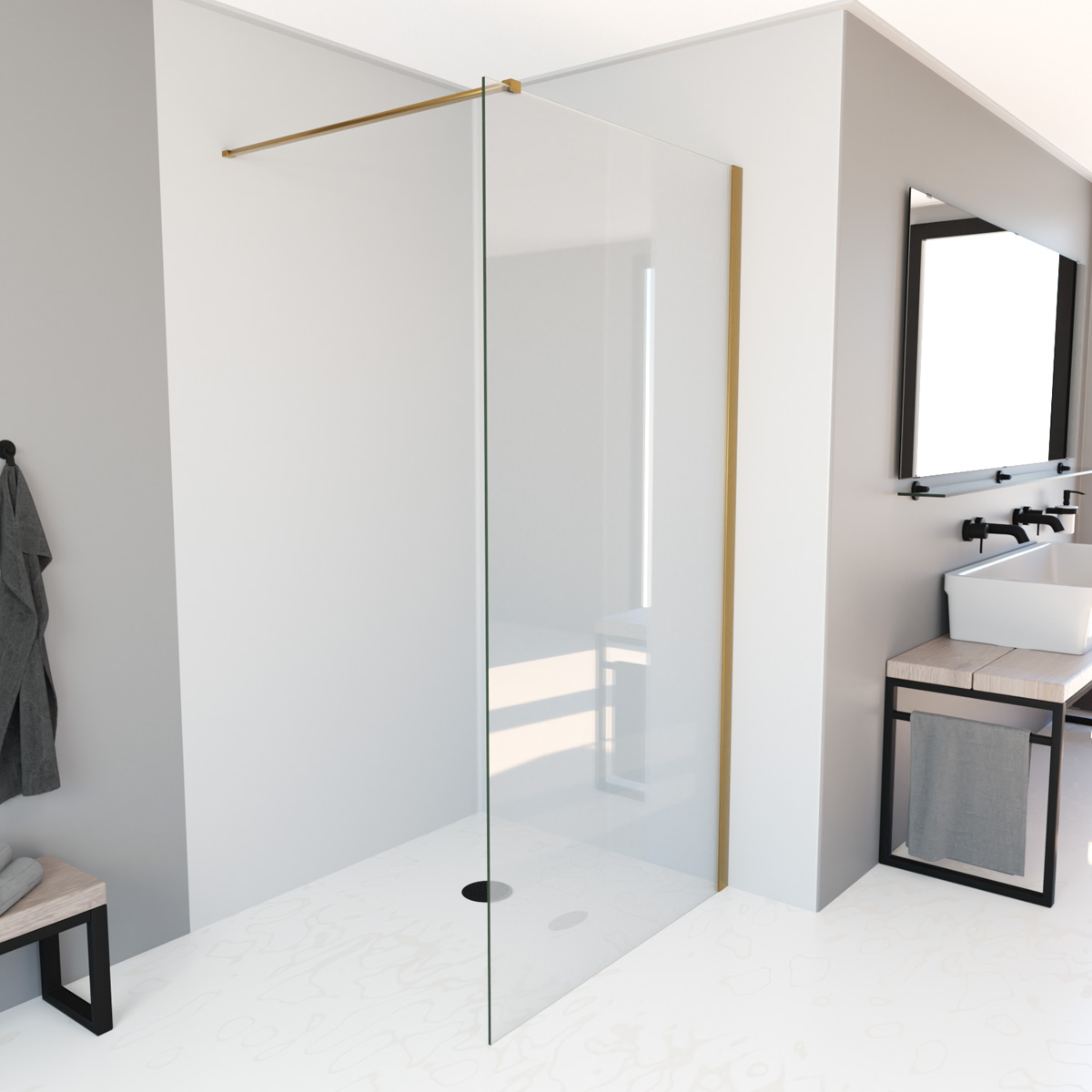 Mueller Slimline inloopdouche geborsteld messing goud 90x200cm anti-kalk coating