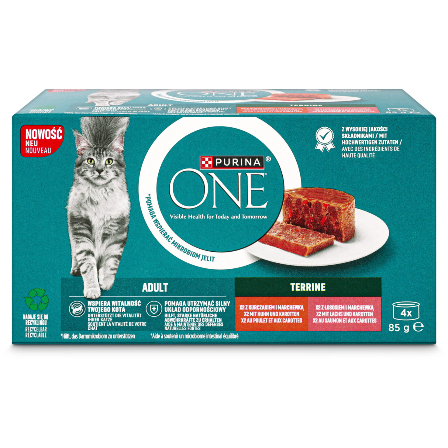 One Katzenfutter Terrine Adult Huhn & Lachs 4x85g