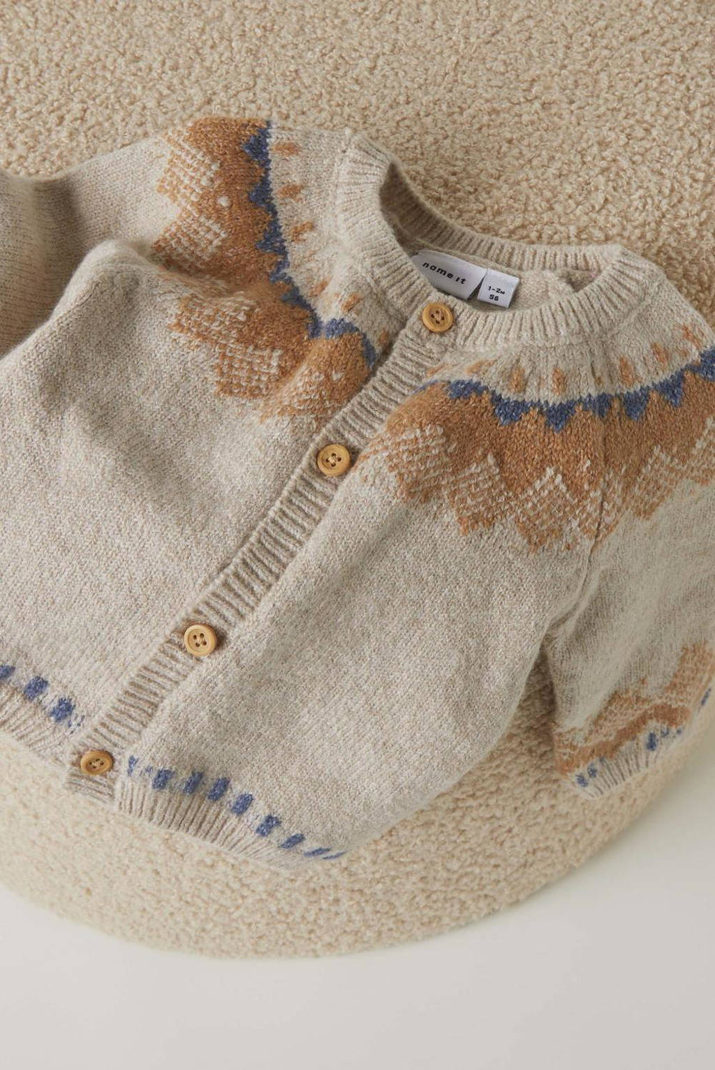 NAME IT baby fijngebreid vest NBMONOR met all over print beige/bruin