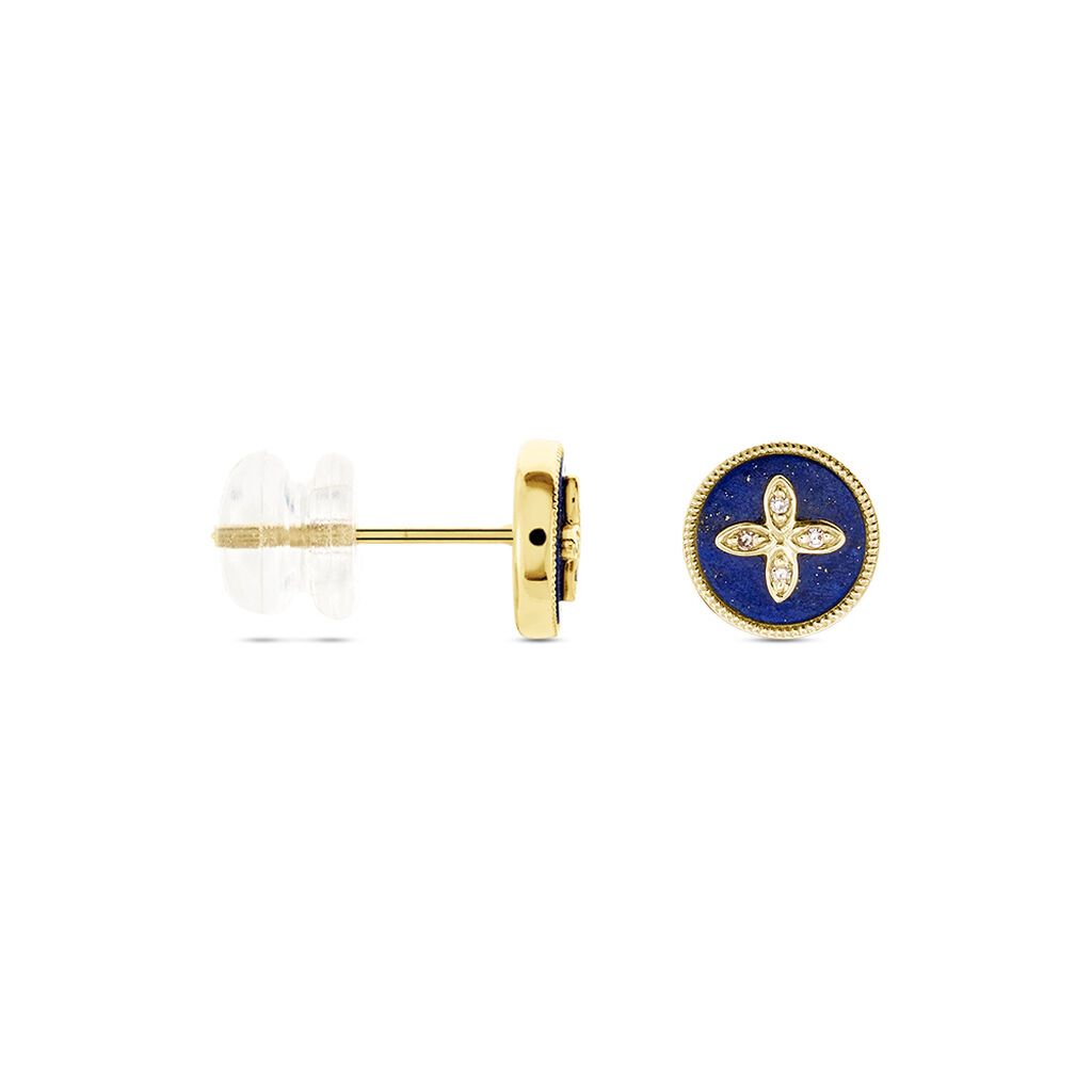 Boucles D'oreilles Puces Talisman Or Jaune Lapis Lazuli Diamant