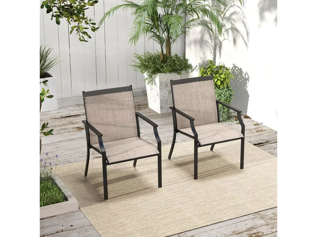 Lot de 2 Chaises de Jardin avec Cadre en Métal, Chaises de Salle à Manger pour l’Extérieur en Teslin à Séchage Rapide, Fauteuil d'Extérieur pour Cour, Balcon, Piscine, Charge 150 KG(Café)