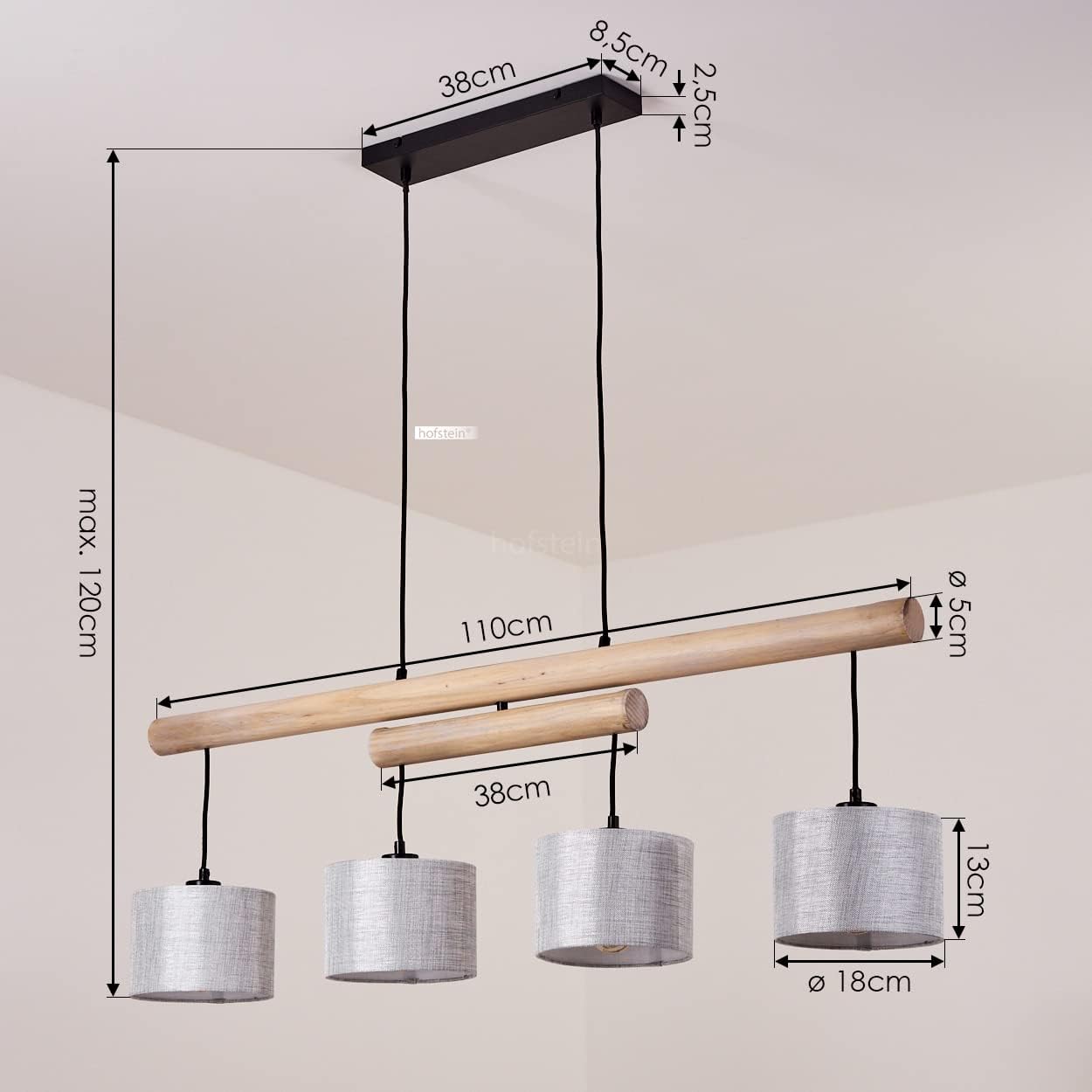 Hängeleuchte Bigandie, 4-flammige Pendellampe aus Metall und Holz in Schwarz/Natur, Lampe mit Stoffschirmen in Grau mit verstellbaren Holzbalken, 4 x E27, ohne Leuchtmittel