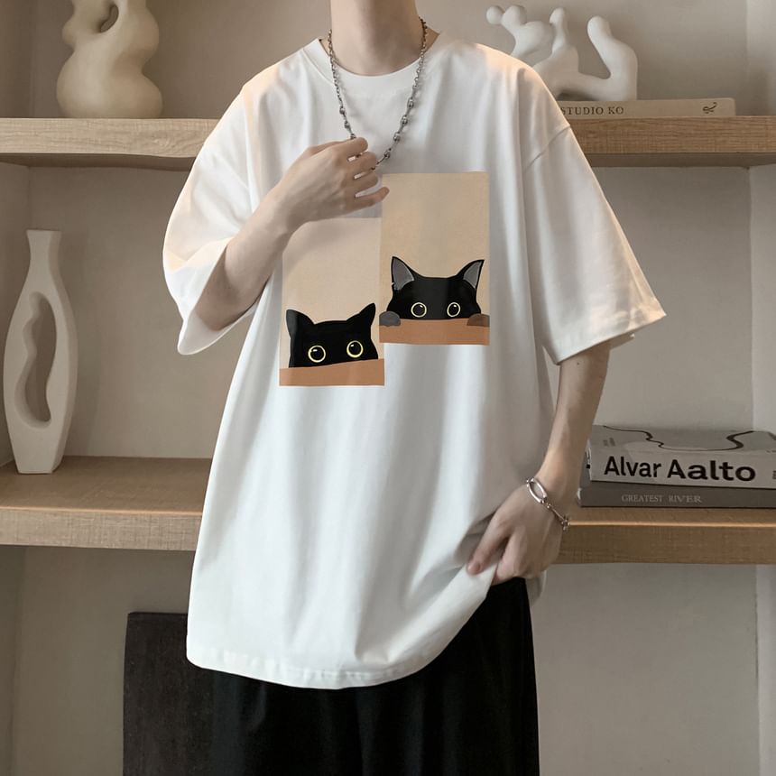 Lingaris - T-shirt met ronde hals en kattenprint, met elleboogmouwen