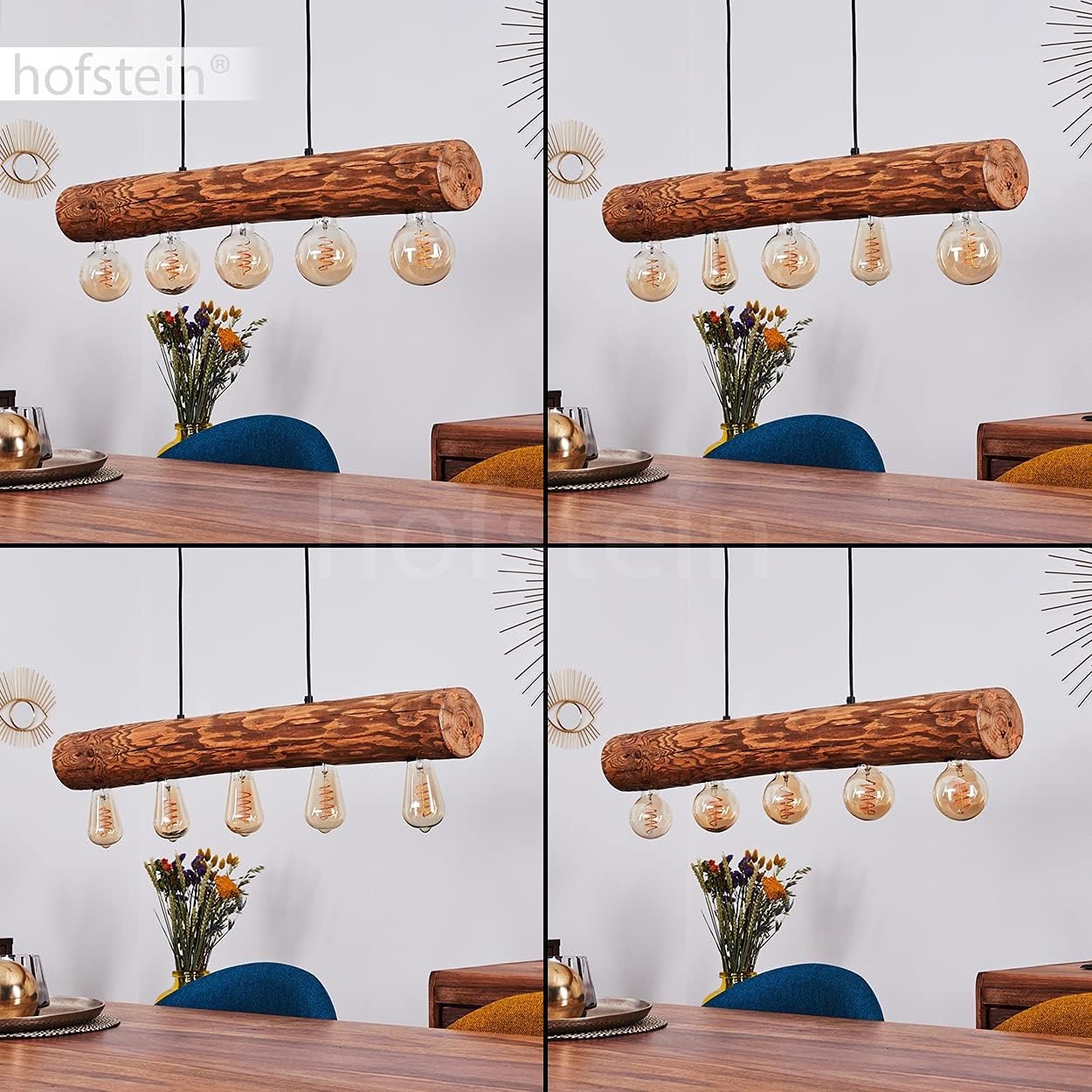HOFSTEIN Hängeleuchte Canedo, 5-flammige Hängelampe aus Metall/Holz in Schwarz/Natur im skandinavischen Design, Pendelleuchte m. Holzstab u. Fassungen aus Metall, 5 x E27, ohne Leuchtmittel