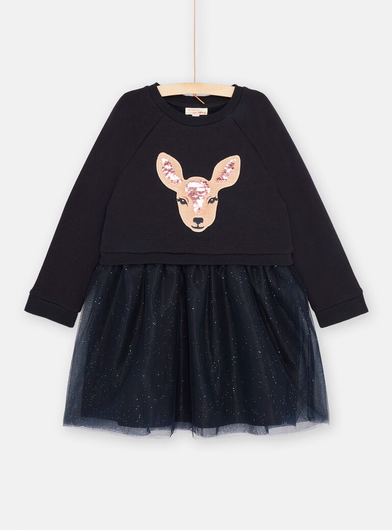 Robe sweat noirine à animation tête de biche pour fille