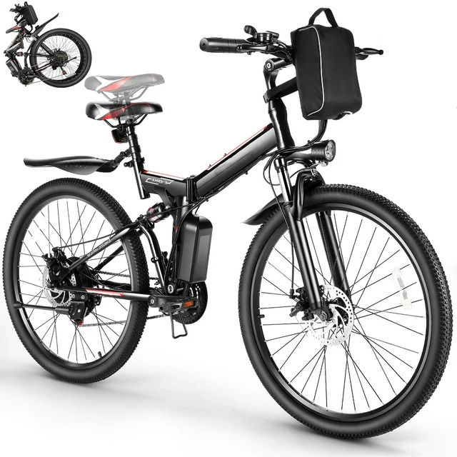 Gocio 26 in. Electric Bike for Adults, 500W Folding Electric Mountain Bicycle Max 50Miles, Full Suspension, 48V Foldable E-Bike with Removable 374.4Wh Lithium-Ion Battery Electric City Bike