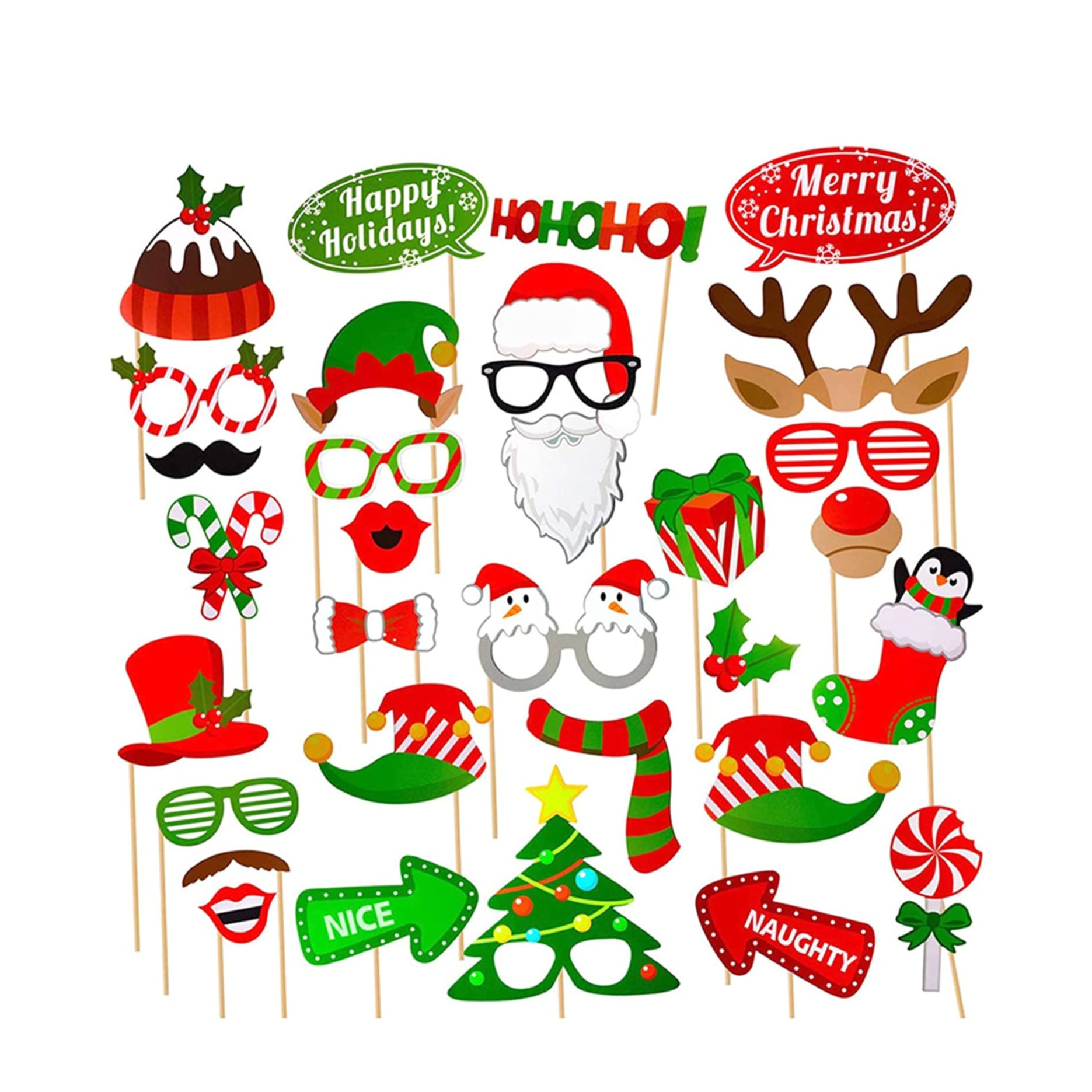 (32er Set) Photo Booth Fotorequisiten Party Foto Accessoires Dekorationen für lustige Bilder - Weihnachten