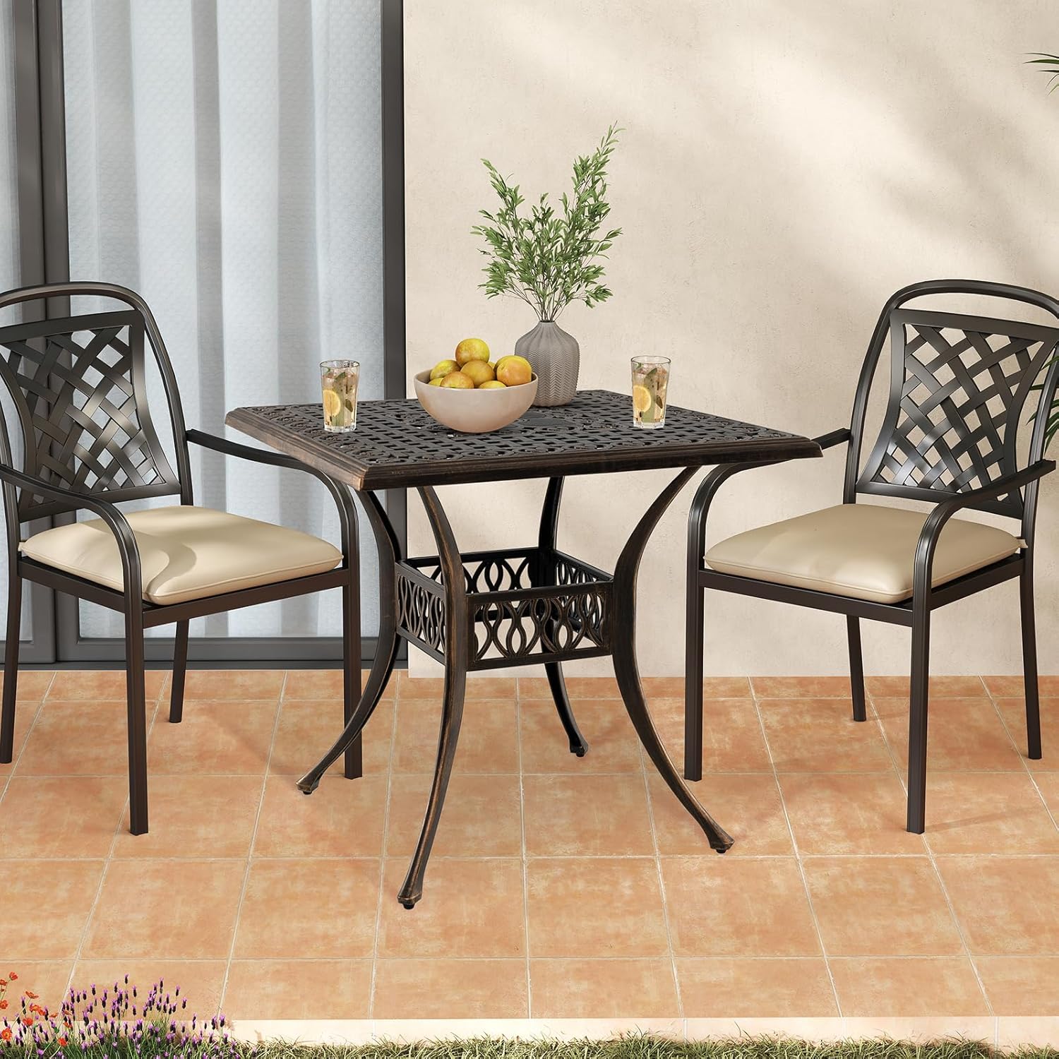 COSTWAY Gartentisch mit Schirmloch, 80x80x75cm, quadratischer Balkontisch aus Aluminiumguss, wetterfester Terrassentisch für 4 Personen, Outdoor-Esstisch für Garten