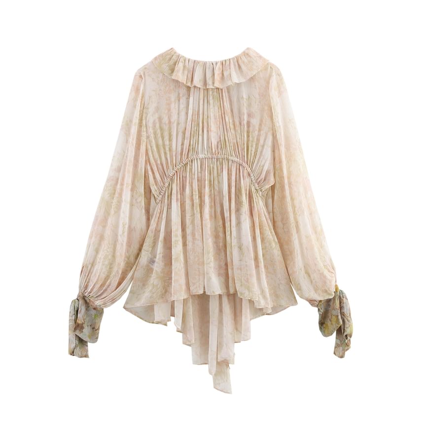 Cumulys - Blouse met lange mouwen, V-hals en bloemenprint en ruches