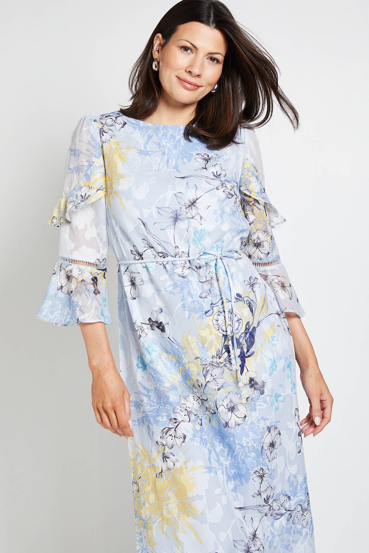 Wallis Robe Midi À Volants Motif Floral Dévoré