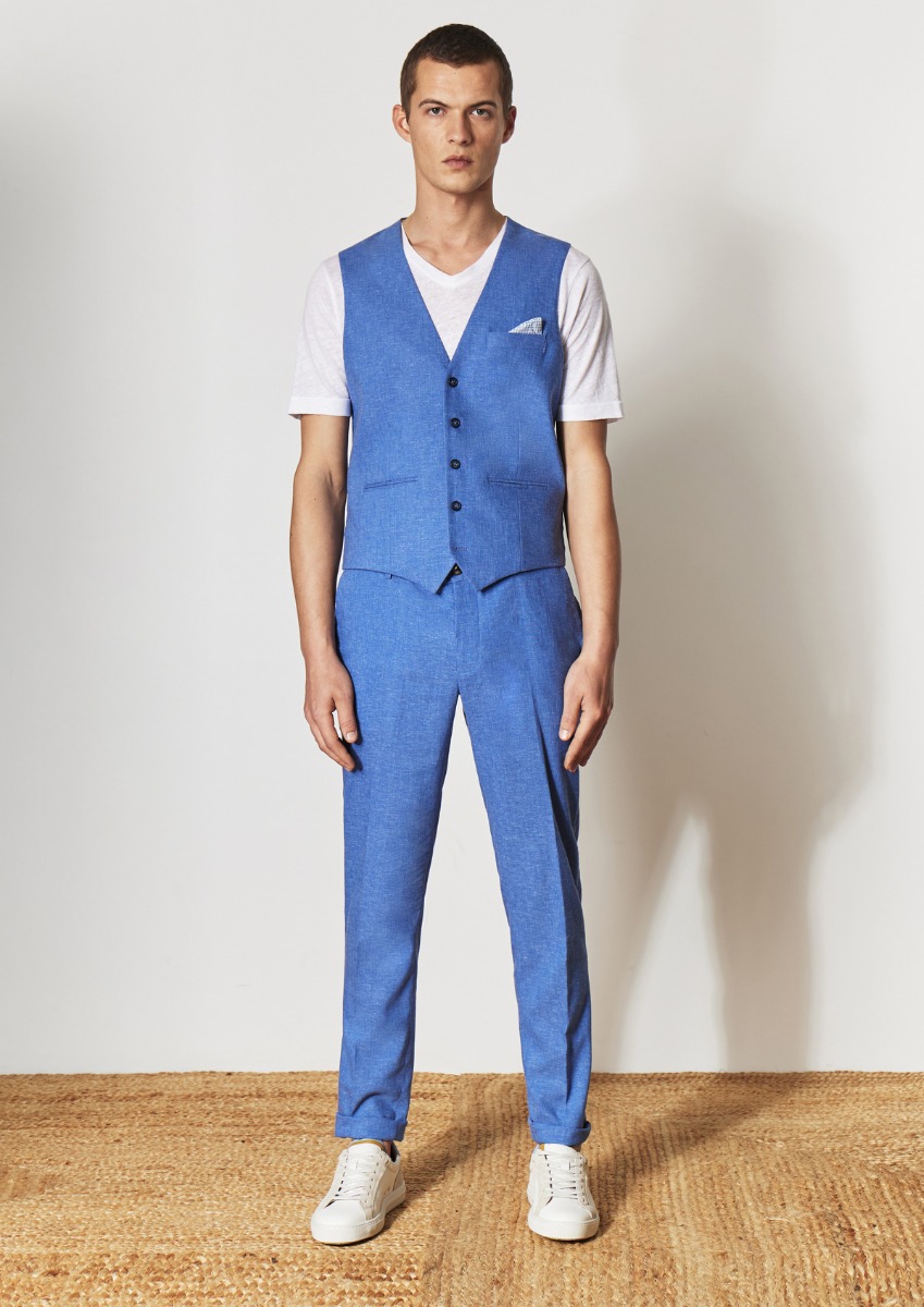Pantalon coordonnable Skinny en lin mélangé uni bleu chambray