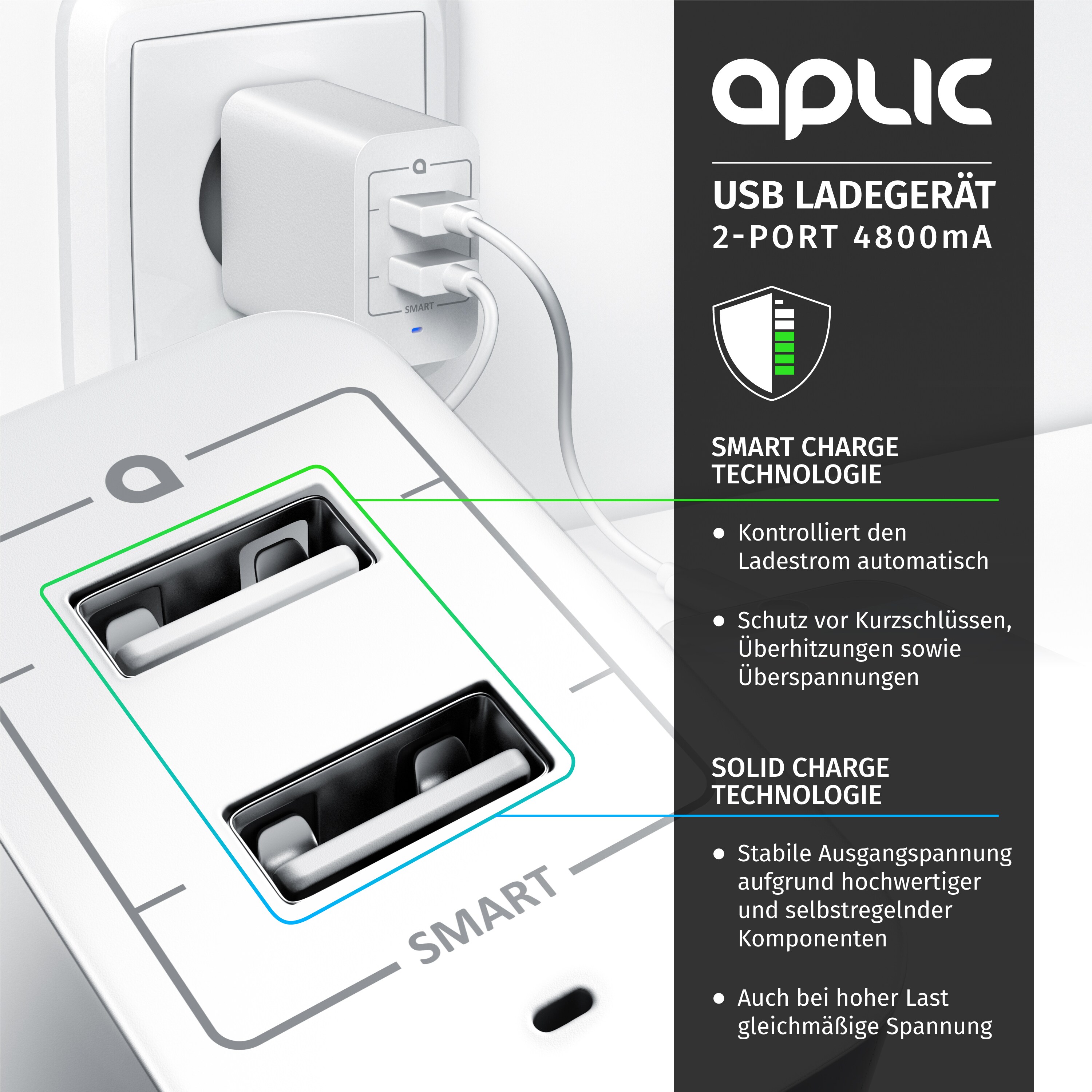 Aplic USB-Ladegerät 4800 mA, 2-Port Netzteil für Handy/Smartphone/Tablet, 4800mA - 2400mA je Port