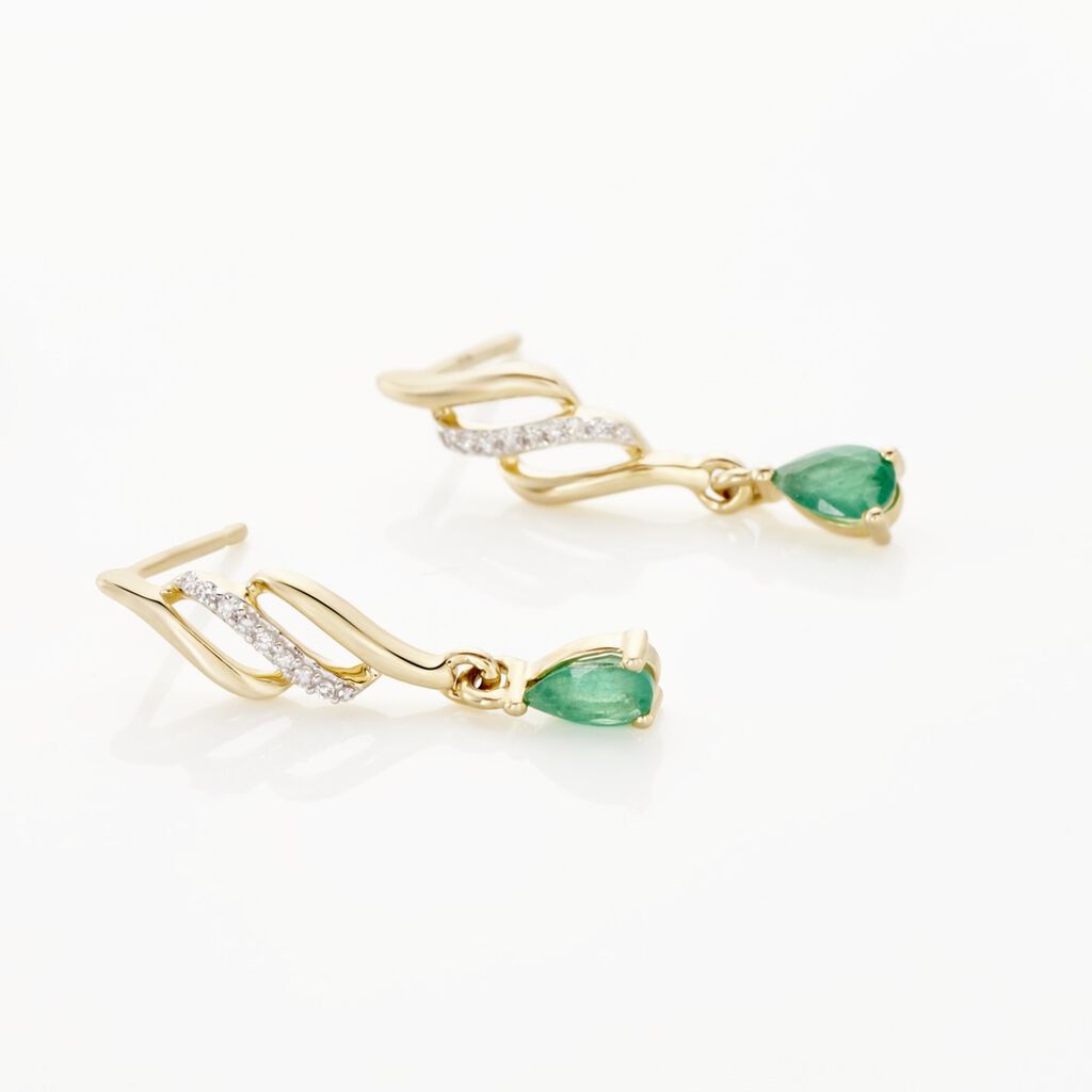 Boucles D'oreilles Pendantes Or Jaune  Patrocle Emeraude Et Diamants