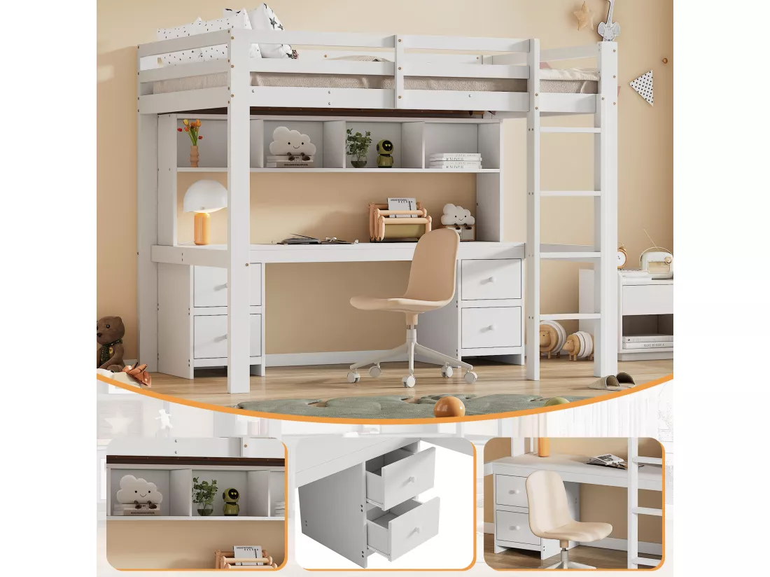 Lit mezzanine 90 x 200 cm avec bureau, bibliothèque, tiroirs et échelle, Bois MDF, Blanc