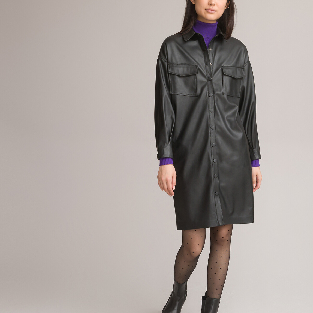 LA REDOUTE COLLECTIONS<br>Vestido camisa de mangas compridas em couro sintético