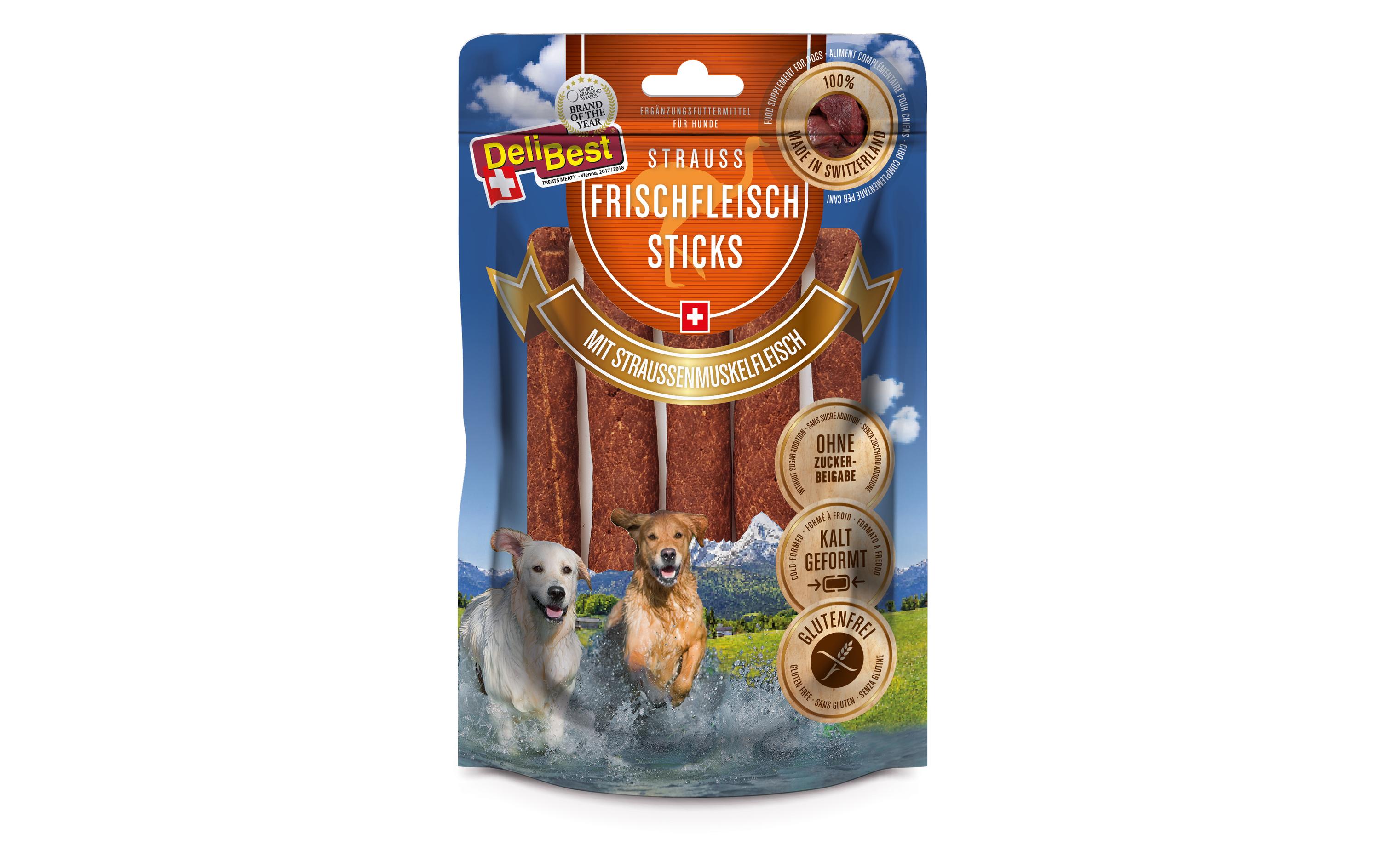 Kaustange 10 cm Sticks Strauss, 5 StückErgänzungsfuttermittel für Hunde
