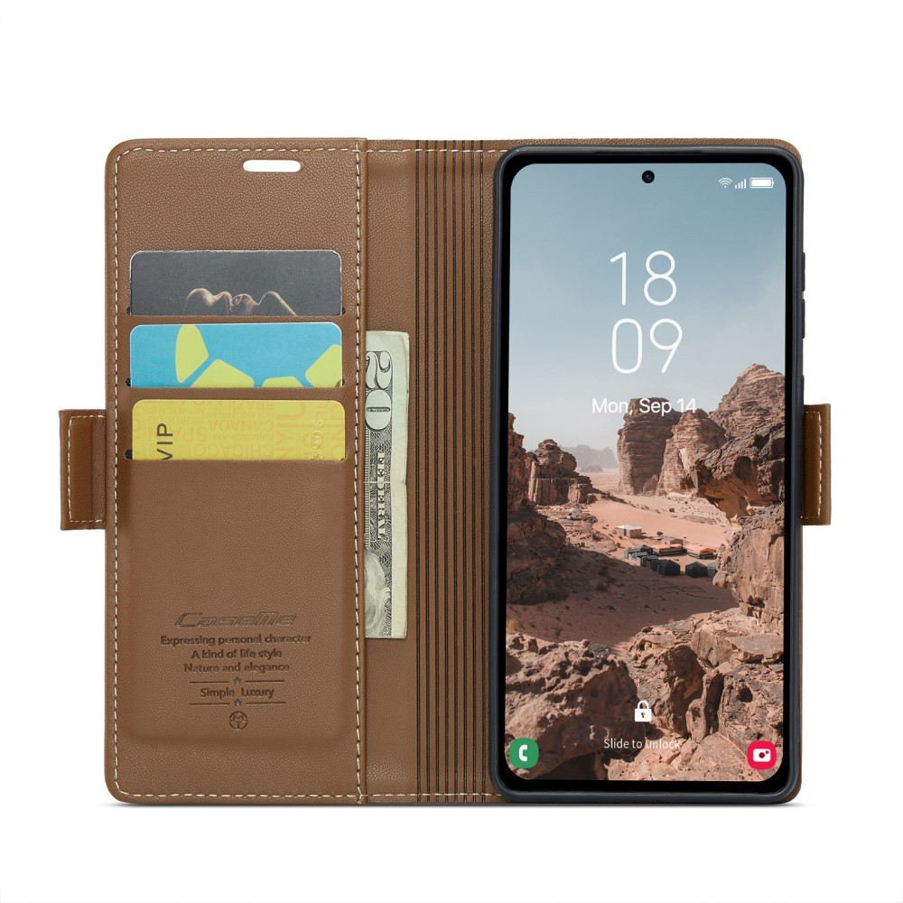 Samsung Galaxy A55 Leder Tasche Flip Wallet Etui mit Kartenfächern Litchi Look (RFID Schutz) - Braun