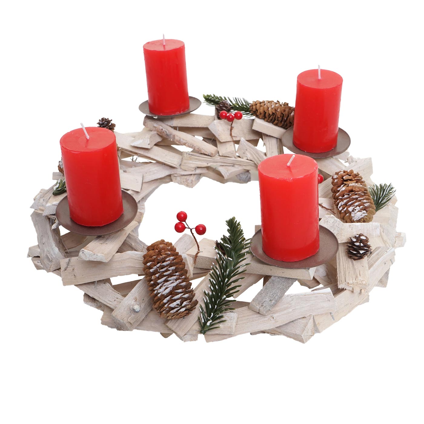 Tischkranz rund, Weihnachtsdeko Adventskranz, Holz Ø 40cm weiß-grau ~ mit Kerzen, rot