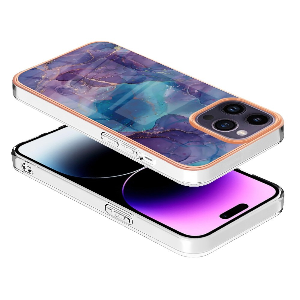 iPhone 14 Pro Gummi Case Hülle Galvanisierter Rahmen Marble Marmor Design - Lila / Blau / Roségold