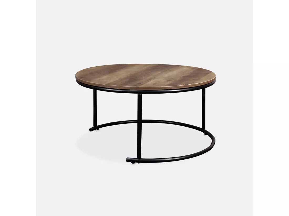Lot de 2 tables gigognes rondes métal noir. décor bois - Loft - encastrables. 1x Ø77 x H 40cm / x1 Ø57 x H 35cm