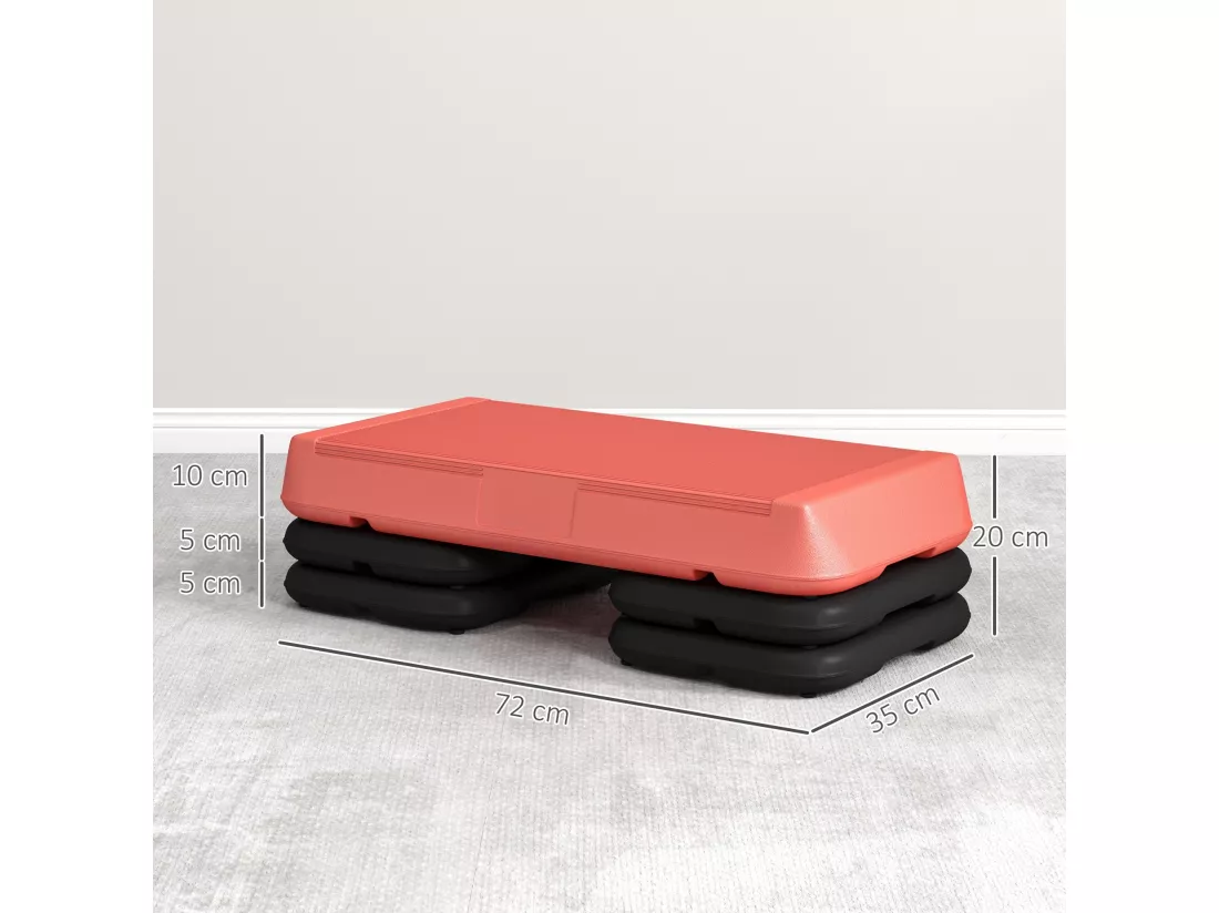 Stepper aérobic fitness hauteur réglable 3 niv. 10/15/20 cm surface antidérapante PE rouge