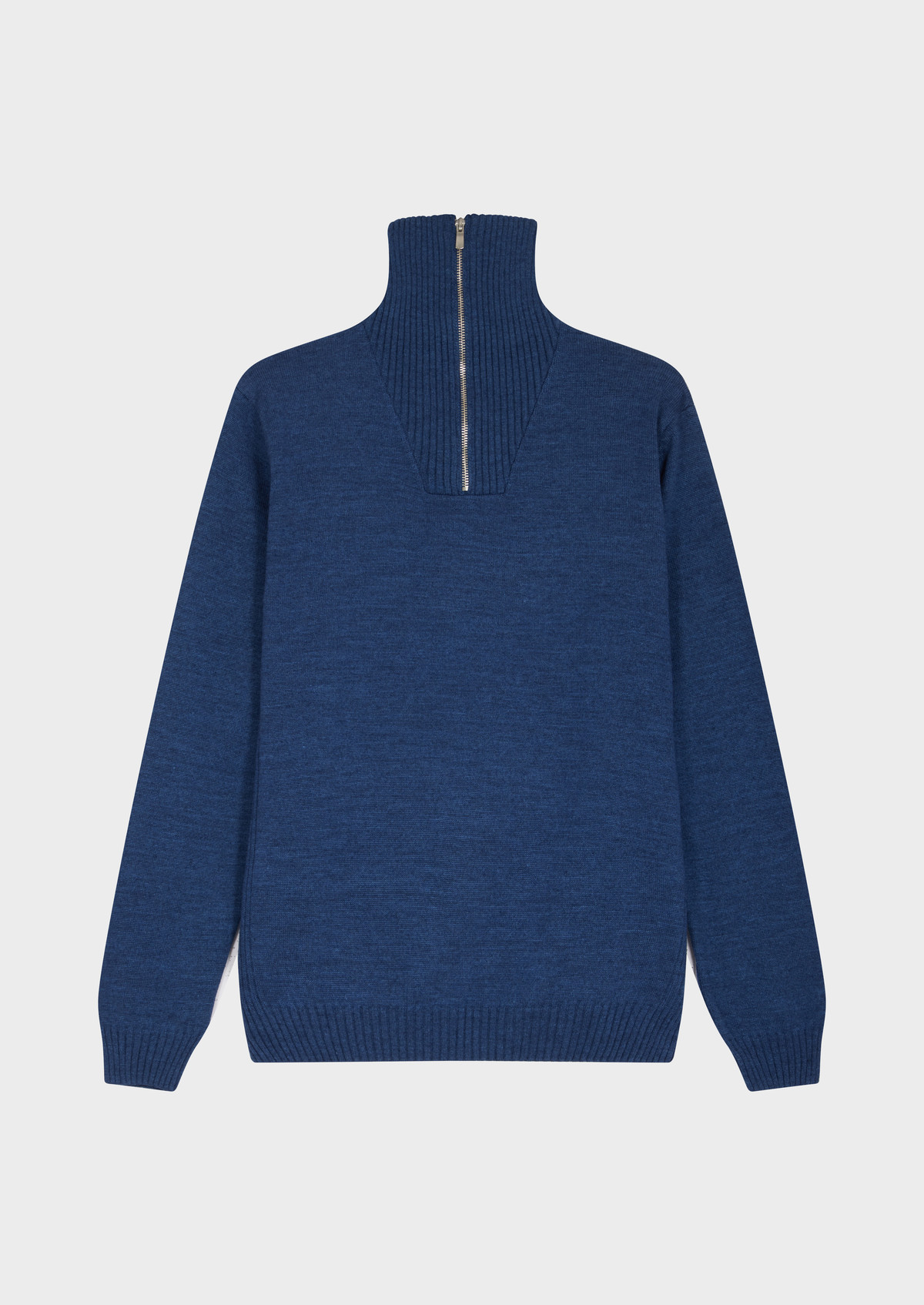 Pull col zippé en laine Mérinos mélangée unie bleu jeans