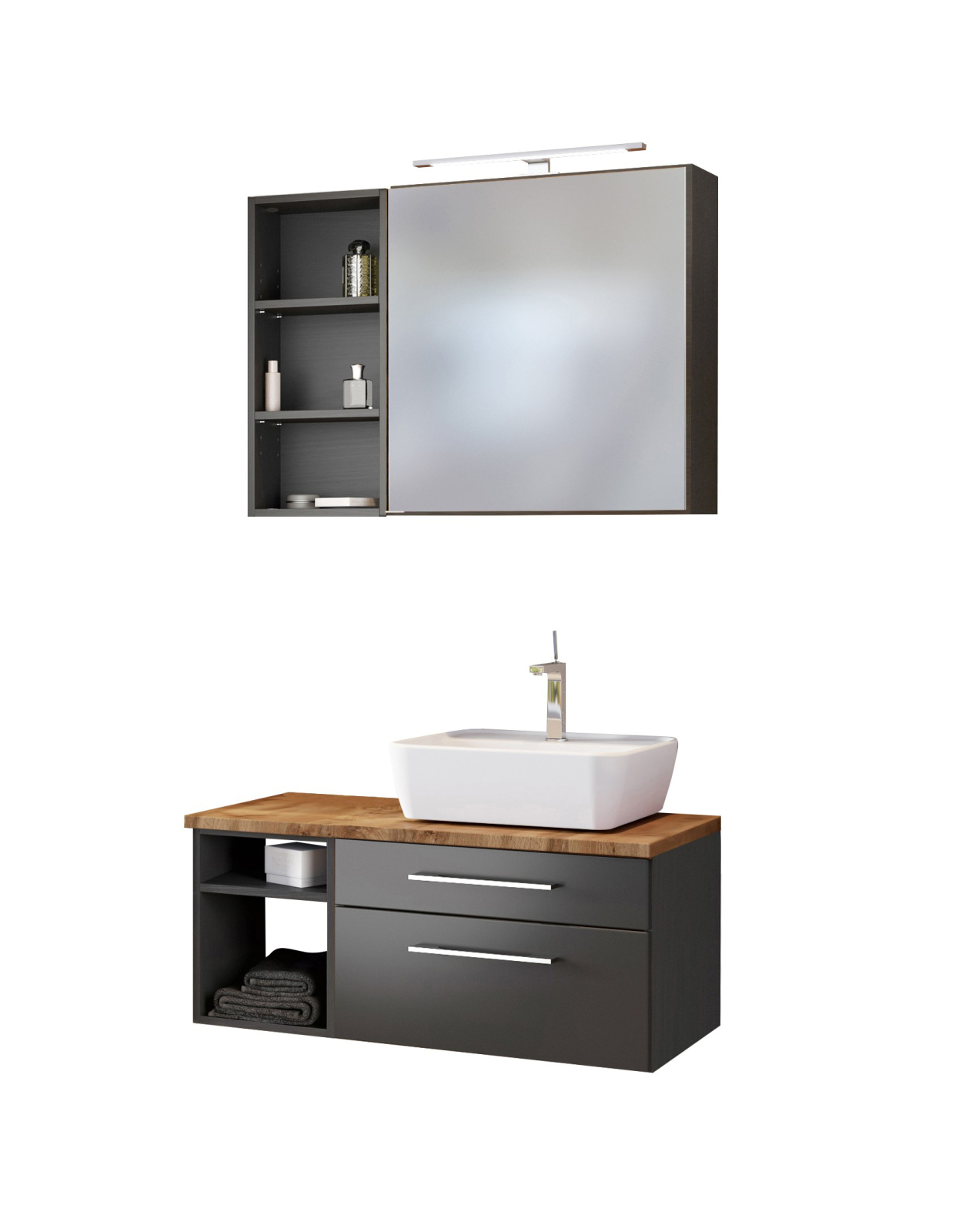 3-teiliges Badmöbel-SetDAVOS - grau - 90 cm breit - Becken rechts