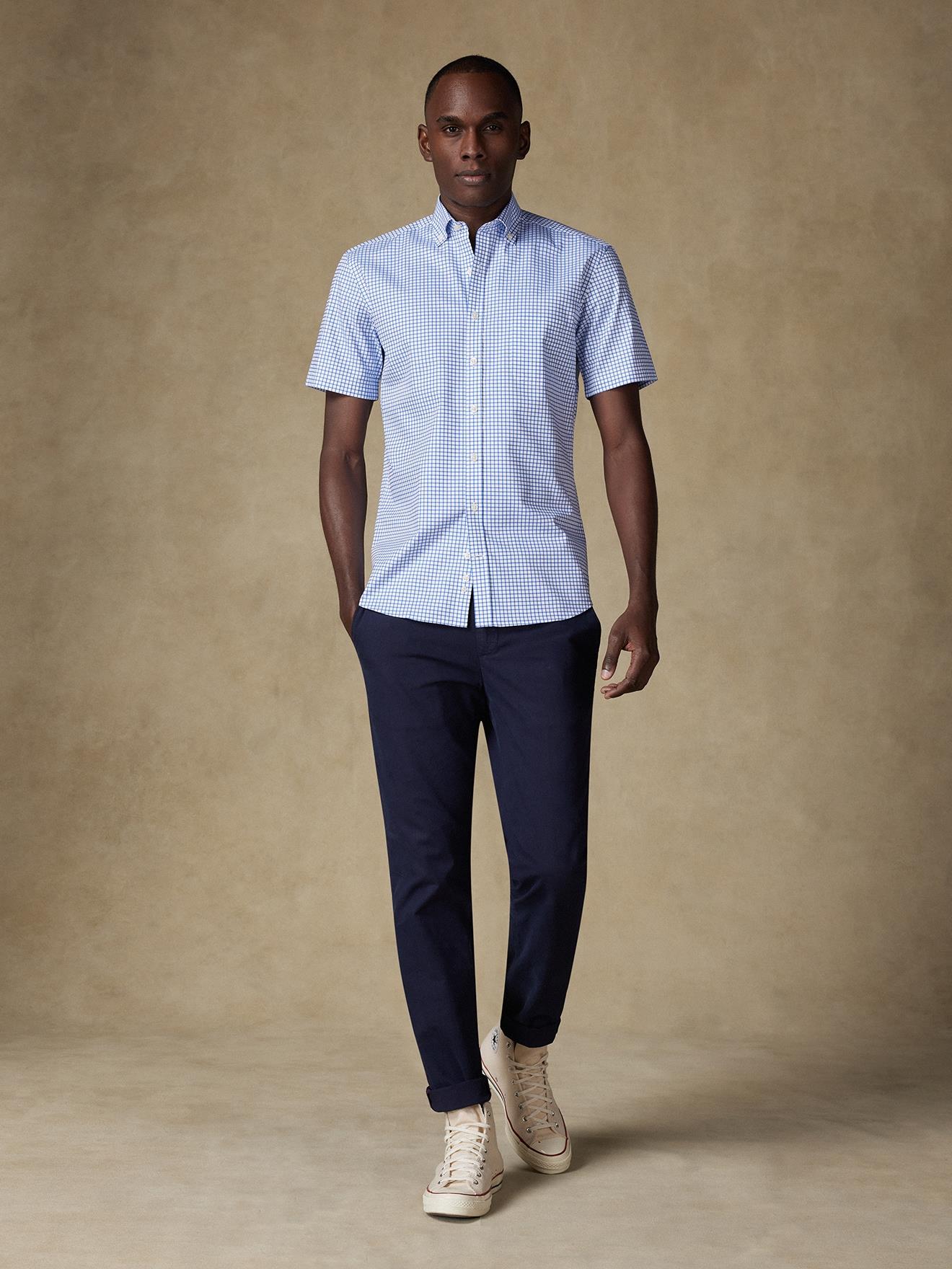 Chemise manches courtes Carlton à carreaux bleus  - Col boutonné