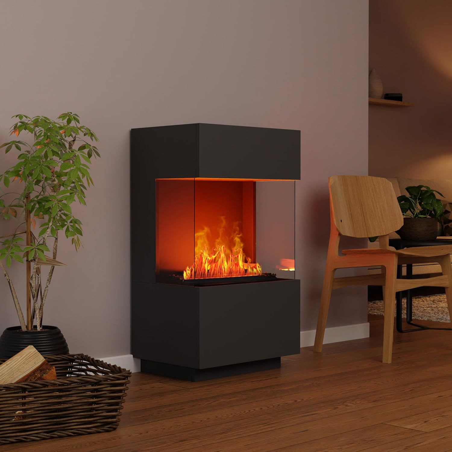 GLOW FIRE Wasserdampf Kamin OGF 1 Mini (Standkamin) - Elektrokamin mit realistischen LED 3D-Flammen, Knistereffekt & Fernbedienung, 55x96x40 cm - Opti-Myst 400 Elektro Kamin, Grau