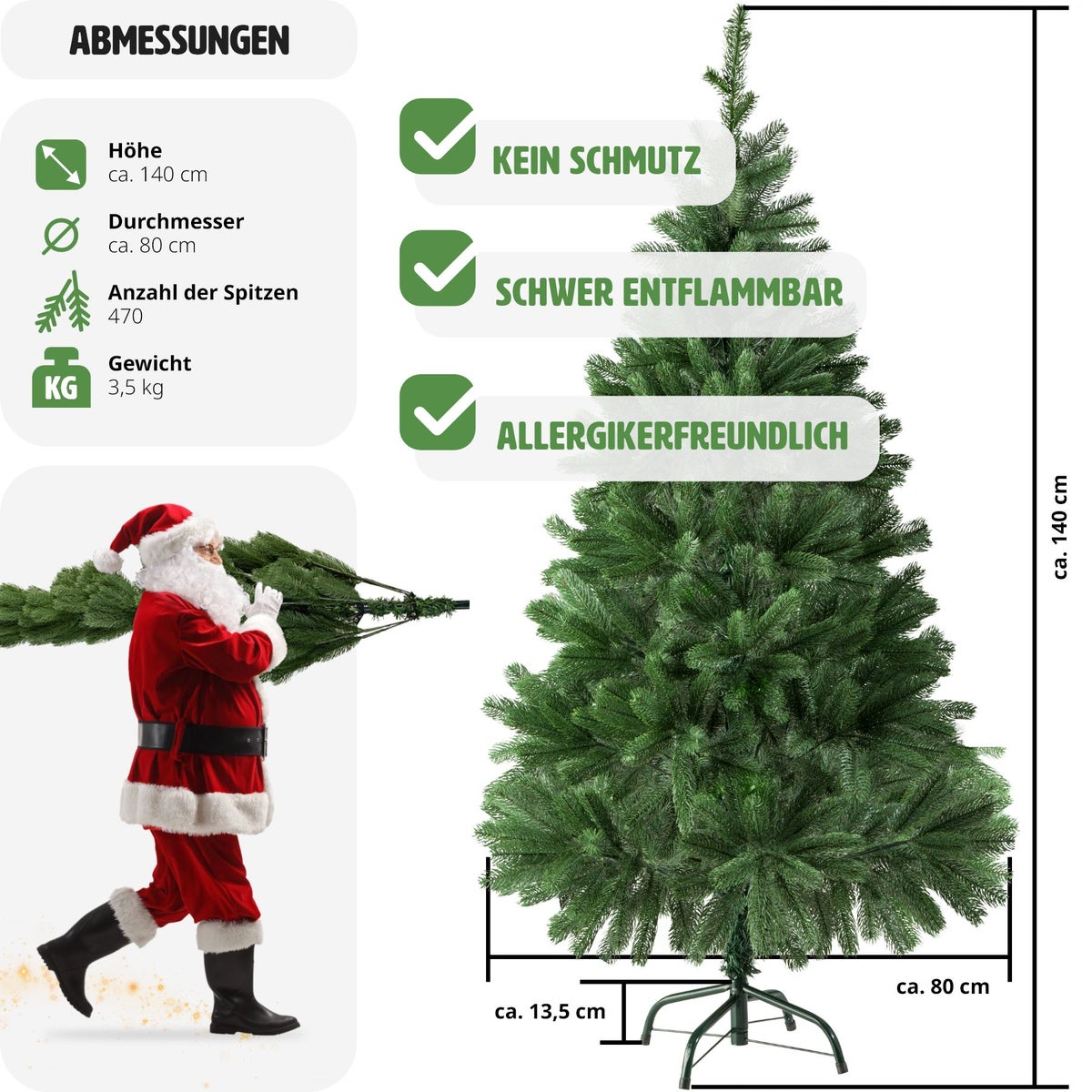 Kerstboom tectake, diverse maten, kunstmatig, spuitgegoten, inclusief metalen standaard met kunststof doppen