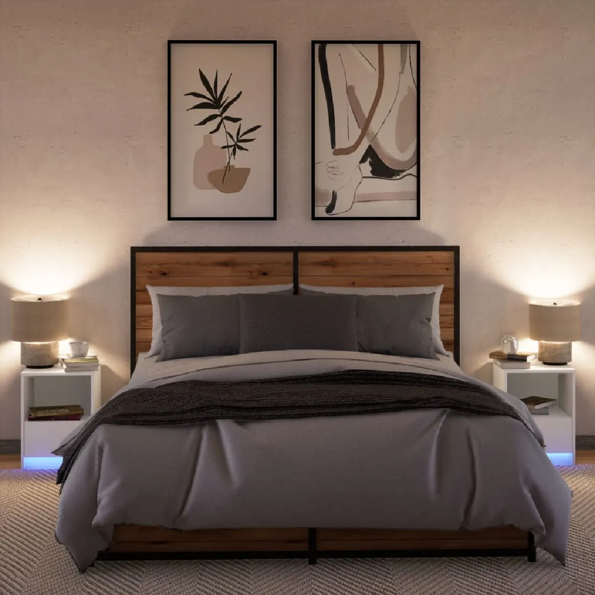 VIDAXL Armoires de chevet et LED - Blanc