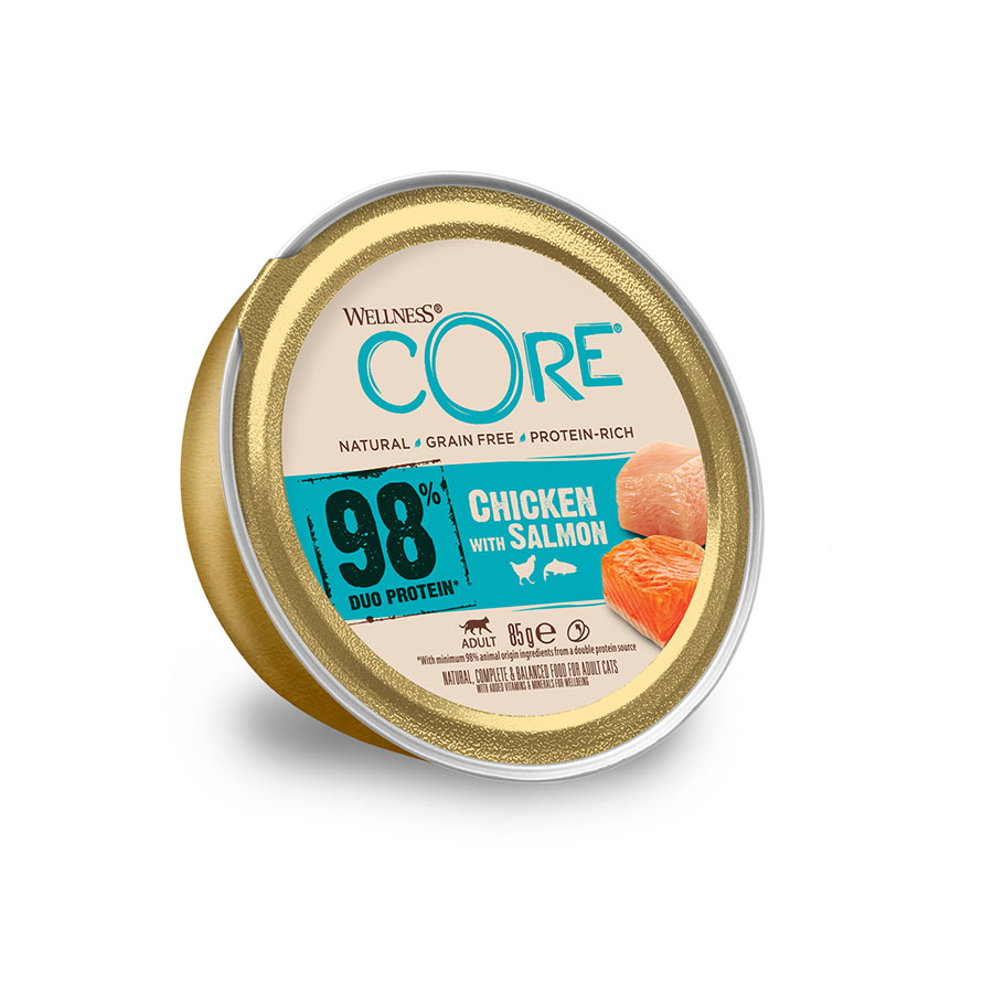 Pote de 85g de ração para gatos Wellness Core Duo Protein com salmão e frango